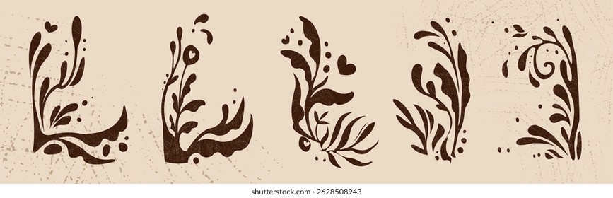 Retro floral ornament in naive style. Botanical decorative elements with silhouettes of leaves and flowers and organic shapes. Hand drawn doodle vector illustration collection isolated on background