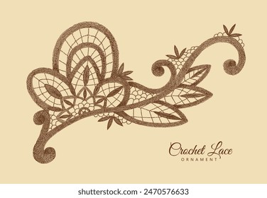 Retro floral ornaments. Crochet lace napkin. Vintage brown and beige card, hand-drawn, vector sketch. Old design. Line graphics. 