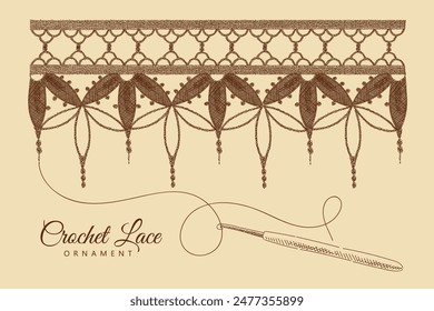 Retro floral ornaments. Crochet lace napkin, crochet hook and thread. Vintage brown and beige card, hand-drawn, vector sketch. Old design. Line graphics. 