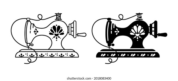 Retro floral and ornate sewing machine black and white isolated clipart for printing, vintage style Sewing machine logo template design, vector illustration