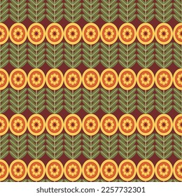 Retro Blumenmuster. 70er Jahre Funky Design mit geometrischen Blumen. Groovy Mid Century Scandi Nahtlose Vektorstruktur für Stoffdesign, Stoffdruck, Umhüllung