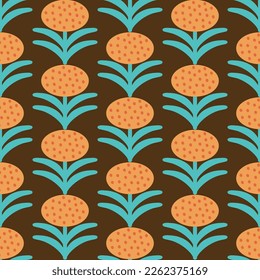 Retro Blumenmuster. 70er Jahre Funky Design mit geometrischen Blumen. Groovy Mid Century Scandi Nahtlose Vektorstruktur für Stoffdesign, Stoffdruck, Umhüllung