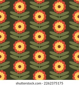 Retro Blumenmuster. 70er Jahre Funky Design mit geometrischen Blumen. Groovy Mid Century Scandi Nahtlose Vektorstruktur für Stoffdesign, Stoffdruck, Umhüllung
