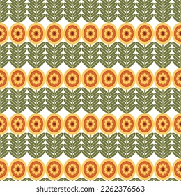 Retro Floral Pattern. 70s Funky Design with Geometric Flowers. Groovy Mid Century scandi Seamless vector texture for fabric design, textile print, wrapping, cover