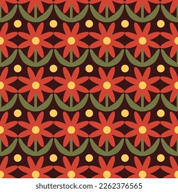 Patrón floral retro. Diseño Funky de los años 70 con flores geométricas. Escándalo Groovy Mid Century texdi Textura vectorial sin costura para el diseño de tejidos, impresión textil, envoltura, cubierta