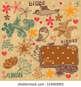 retro  floral pattern with birds