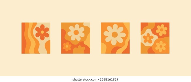 Retro floral pattern collection with orange and yellow psychedelic designs.