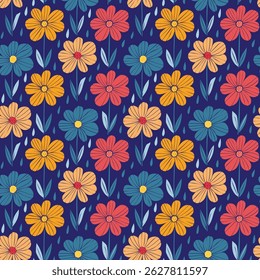 Retro floral pattern with colorful daisies and leaves on a blue background for a vibrant design.