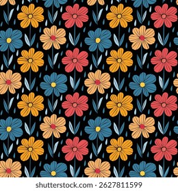 Retro floral pattern with colorful daisies and leaves on a black background for a vibrant design.