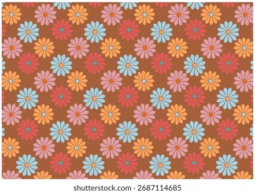 Um padrão floral retrô com flores parecidas com margaridas em laranja, azul, rosa e vermelho sobre um fundo marrom.