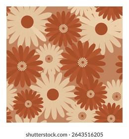 Retro floral pattern featuring daisy-like flowers in shades of brown and beige. The design has a vintage, 70s aesthetic, perfect for backgrounds or textile prints.