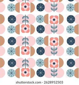 Retro Floral Pattern with Geometric Shapes on white background 
