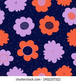 retro floral pattern with little dots on indigo blue background.
