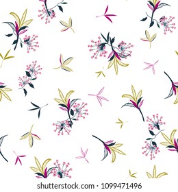 Retro  Floral pattern in the many kind of flowers. Tropical botanical in line hand drawing, Seamless vector texture for fashion fabric on white background.