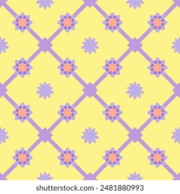 Retro floral pattern on yellow background. Purple lattice with pastel flowers in diagonal grid. Seamless design with vintage charm. Ideal for gift wrap, fabric, or wallpaper. Soft colors perfect for s