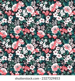 Retro floral pattern in peonies flowers. Small white red flowers. Black background. Ditsy print. Floral seamless background. Elegant template for fashion prints. Stock pattern.