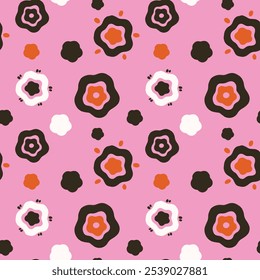 Retro floral pattern in pink colors. 60s and 70s illustration. Design for wrapping paper, clothing, wallpapers.