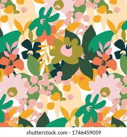Retro floral pattern with pink, green, orange and Ocher flowers and cream background. seamless allover print