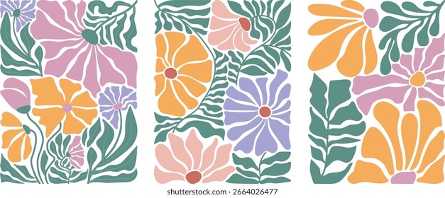 Patrón floral retro con flores de color rosa, naranja y púrpura
