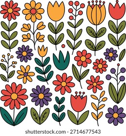Patrón floral retro con flores rojas, naranjas y moradas