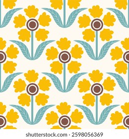 Retro floral pattern with repeating flower motifs. Ideal for textiles, wallpaper, packaging, and digital designs.	