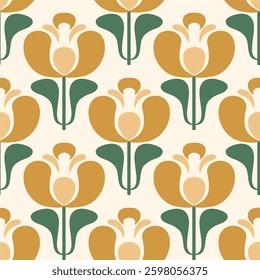 Retro floral pattern with repeating flower motifs. Ideal for textiles, wallpaper, packaging, and digital designs.	