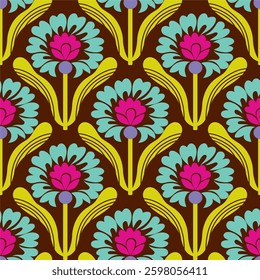 Retro floral pattern with repeating flower motifs. Ideal for textiles, wallpaper, packaging, and digital designs.	