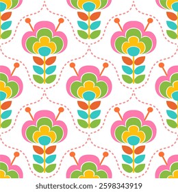 Retro floral pattern with repeating flower motifs. Ideal for textiles, wallpaper, packaging, and digital designs.