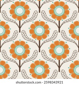 Retro floral pattern with repeating flower motifs. Ideal for textiles, wallpaper, packaging, and digital designs.