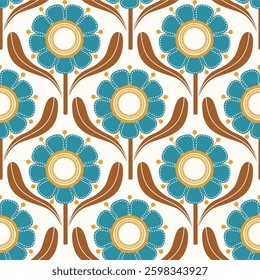 Retro floral pattern with repeating flower motifs. Ideal for textiles, wallpaper, packaging, and digital designs.