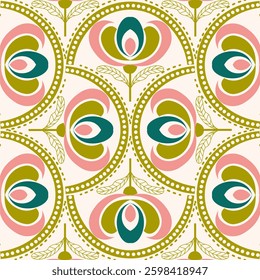 Retro floral pattern with repeating flower motifs. Ideal for textiles, wallpaper, packaging, and digital designs.	