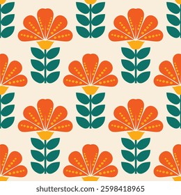Retro floral pattern with repeating flower motifs. Ideal for textiles, wallpaper, packaging, and digital designs.	