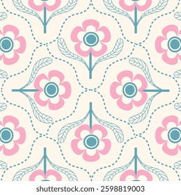 Retro floral pattern with repeating flower motifs. Ideal for textiles, wallpaper, packaging, and digital designs.	