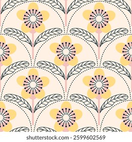 Retro floral pattern with repeating flower motifs. Ideal for textiles, wallpaper, packaging, and digital designs.	