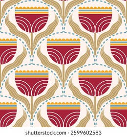 Retro floral pattern with repeating flower motifs. Ideal for textiles, wallpaper, packaging, and digital designs.	