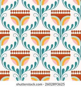 Retro floral pattern with repeating flower motifs. Ideal for textiles, wallpaper, packaging, and digital designs. 
