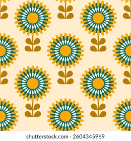 Retro floral pattern with repeating flower motifs. Ideal for textiles, wallpaper, packaging, and digital designs.	