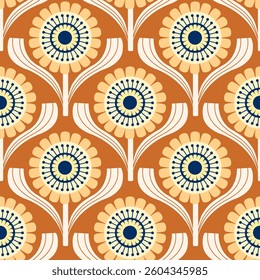 Retro floral pattern with repeating flower motifs. Ideal for textiles, wallpaper, packaging, and digital designs.	