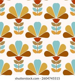 Retro floral pattern with repeating flower motifs. Ideal for textiles, wallpaper, packaging, and digital designs.	