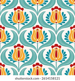 Retro floral pattern with repeating flower motifs. Ideal for textiles, wallpaper, packaging, and digital designs.	