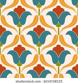 Retro floral pattern with repeating flower motifs. Ideal for textiles, wallpaper, packaging, and digital designs.	
