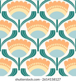 Retro floral pattern with repeating flower motifs. Ideal for textiles, wallpaper, packaging, and digital designs.	