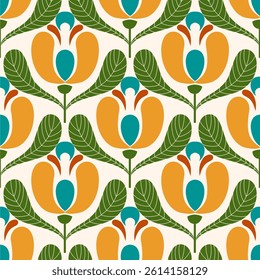 Retro floral pattern with repeating flower motifs. Ideal for textiles, wallpaper, packaging, and digital designs.	