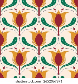 Retro floral pattern with repeating flower motifs. Ideal for textiles, wallpaper, packaging, and digital designs.	