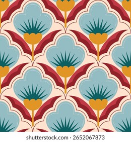 Retro floral pattern with repeating flower motifs. Ideal for textiles, wallpaper, packaging, and digital designs.	