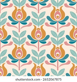 Retro floral pattern with repeating flower motifs. Ideal for textiles, wallpaper, packaging, and digital designs.	