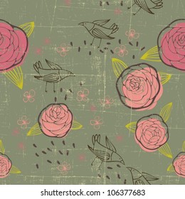 retro floral pattern with roses and birds