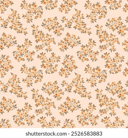 Patrón floral retro en Pequeñas flores decorativas. Pequeñas flores de color amarillo pálido. Fondo de coral pastel. Impresión sucia. Fondo floral sin fisuras ditsy patrón en Pequeñas flores silvestres lindas.