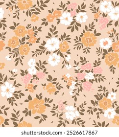 Retro Blumenmuster in kleinen dekorativen Blumen. Kleine rosa, weiße, orangefarbene Blumen. Rosenkorallenhintergrund. Ditsy-Print. Floral nahtlose Hintergrund ditsy Muster in kleinen süßen Wildblumen.