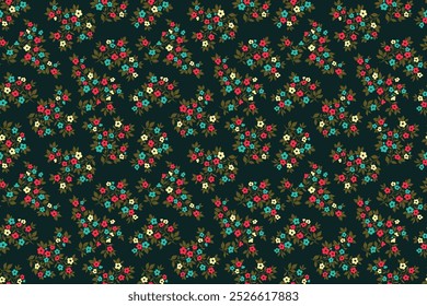 Patrón floral retro en Pequeñas flores decorativas. Pequeñas flores brillantes de color rosa, blanco y azul. Fondo negro. Impresión sucia. Fondo floral sin fisuras ditsy patrón en Pequeñas flores silvestres lindas.